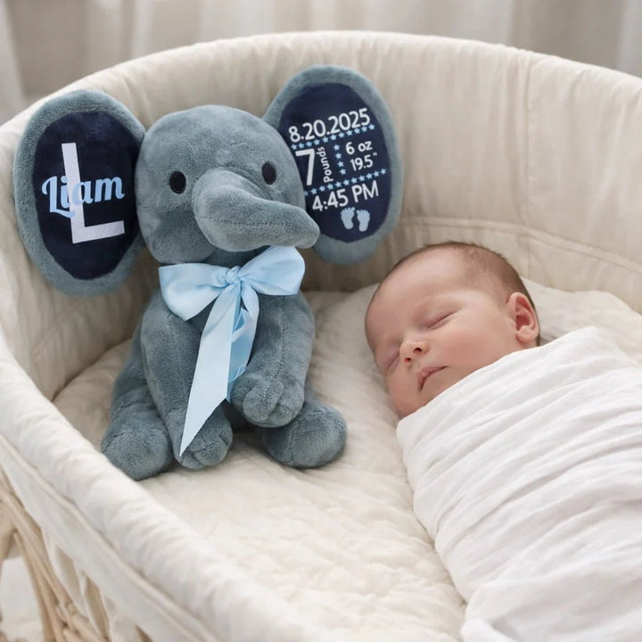 Personalized Baby Elephant Plush – Custom Newborn Birth Details Keepsake Gift - Canvasgiftco