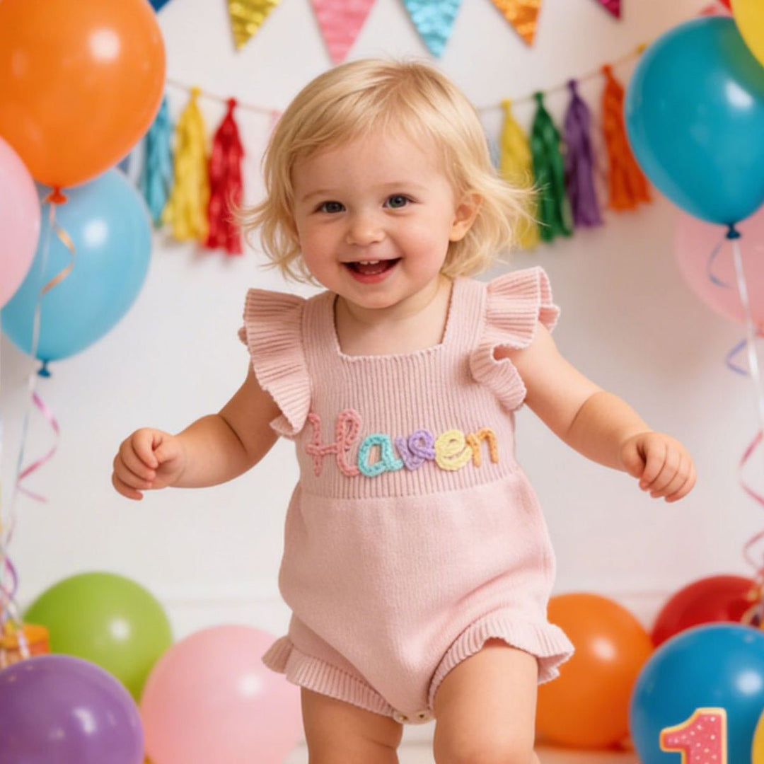 Personalized Baby Girl Knit Romper – Hand-Embroidered Name Outfit - Canvasgiftco