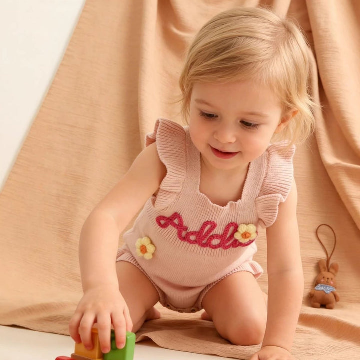 Personalized Baby Girl Knit Romper – Hand-Embroidered Name Outfit - Canvasgiftco
