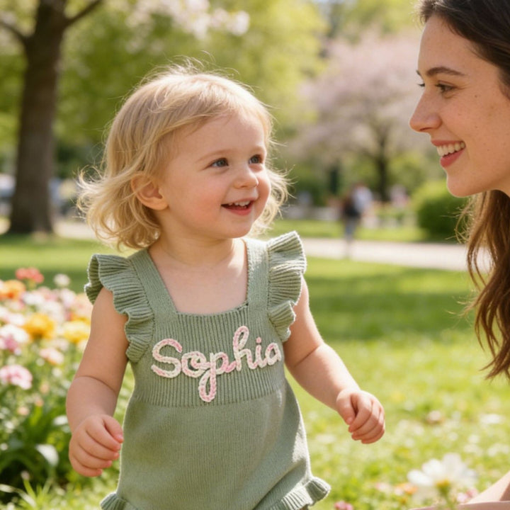 Personalized Baby Girl Knit Romper – Hand-Embroidered Name Outfit - Canvasgiftco
