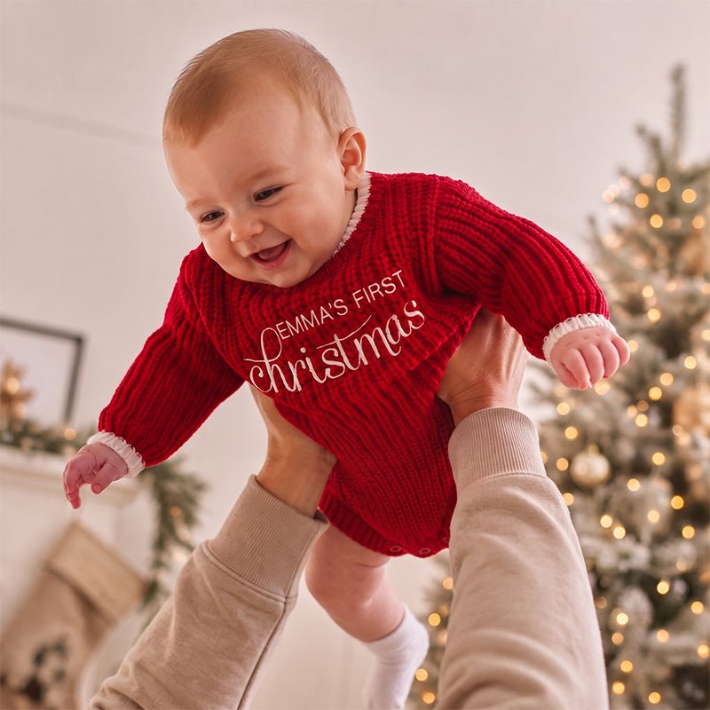 Personalized Baby’s First Christmas Organic Cotton Knit Romper - Canvasgiftco
