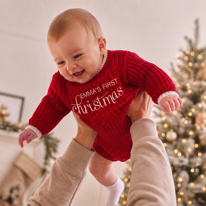 Personalized Baby’s First Christmas Organic Cotton Knit Romper - Canvasgiftco