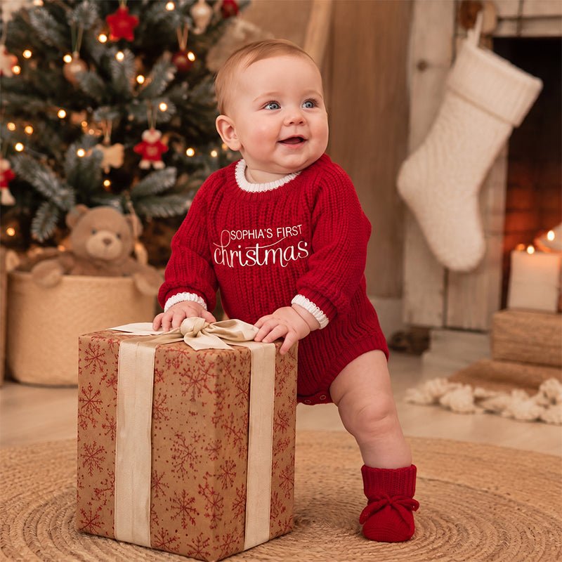 Personalized Baby’s First Christmas Organic Cotton Knit Romper - Canvasgiftco