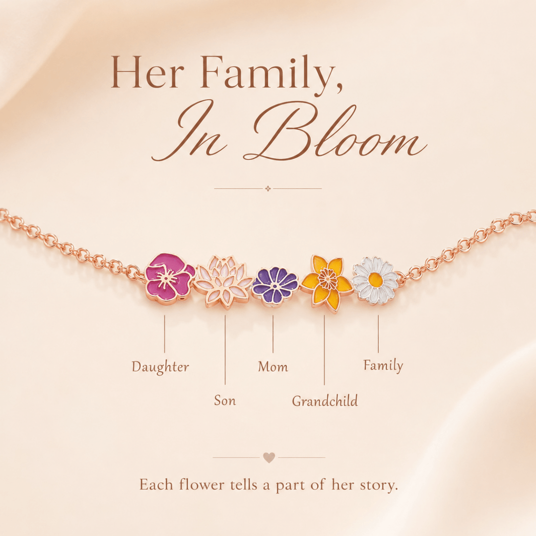 Personalized Birth Flower Chain Bracelet for Mom Grandma - Custom Family Flower Bracelet with 1–8 Flowers - Canvasgiftco