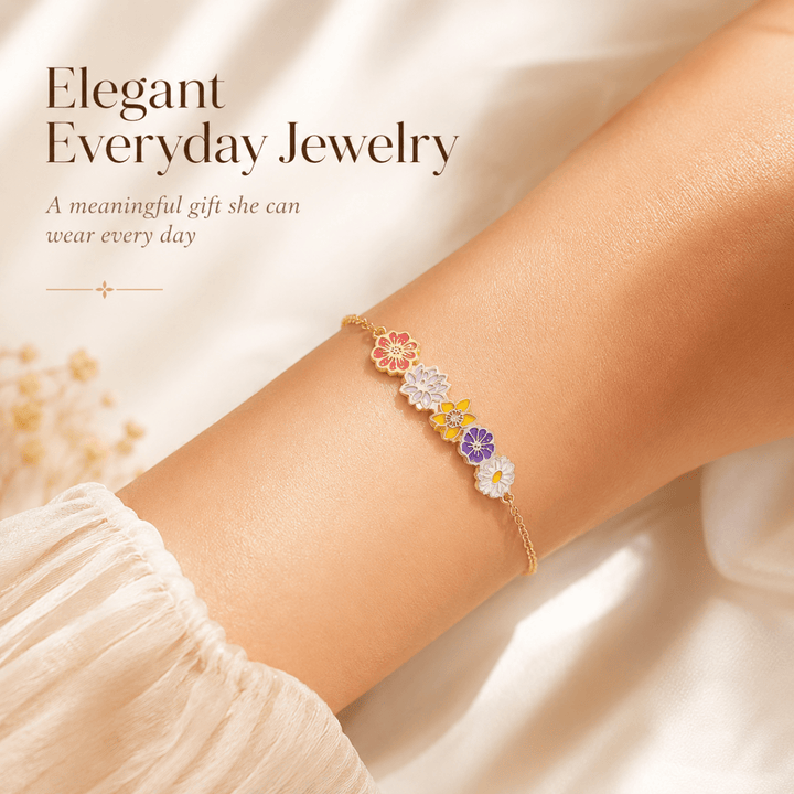 Personalized Birth Flower Chain Bracelet for Mom Grandma - Custom Family Flower Bracelet with 1–8 Flowers - Canvasgiftco