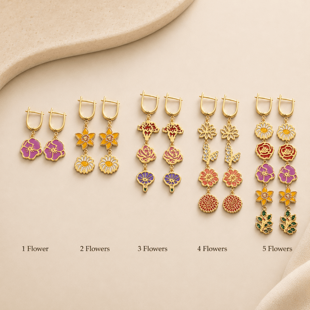 Personalized Birth Flower Dangle Earrings, Custom 1–5 Birth Month Flower Earrings, Meaningful Birthday Gift for Mom Grandma - Canvasgiftco