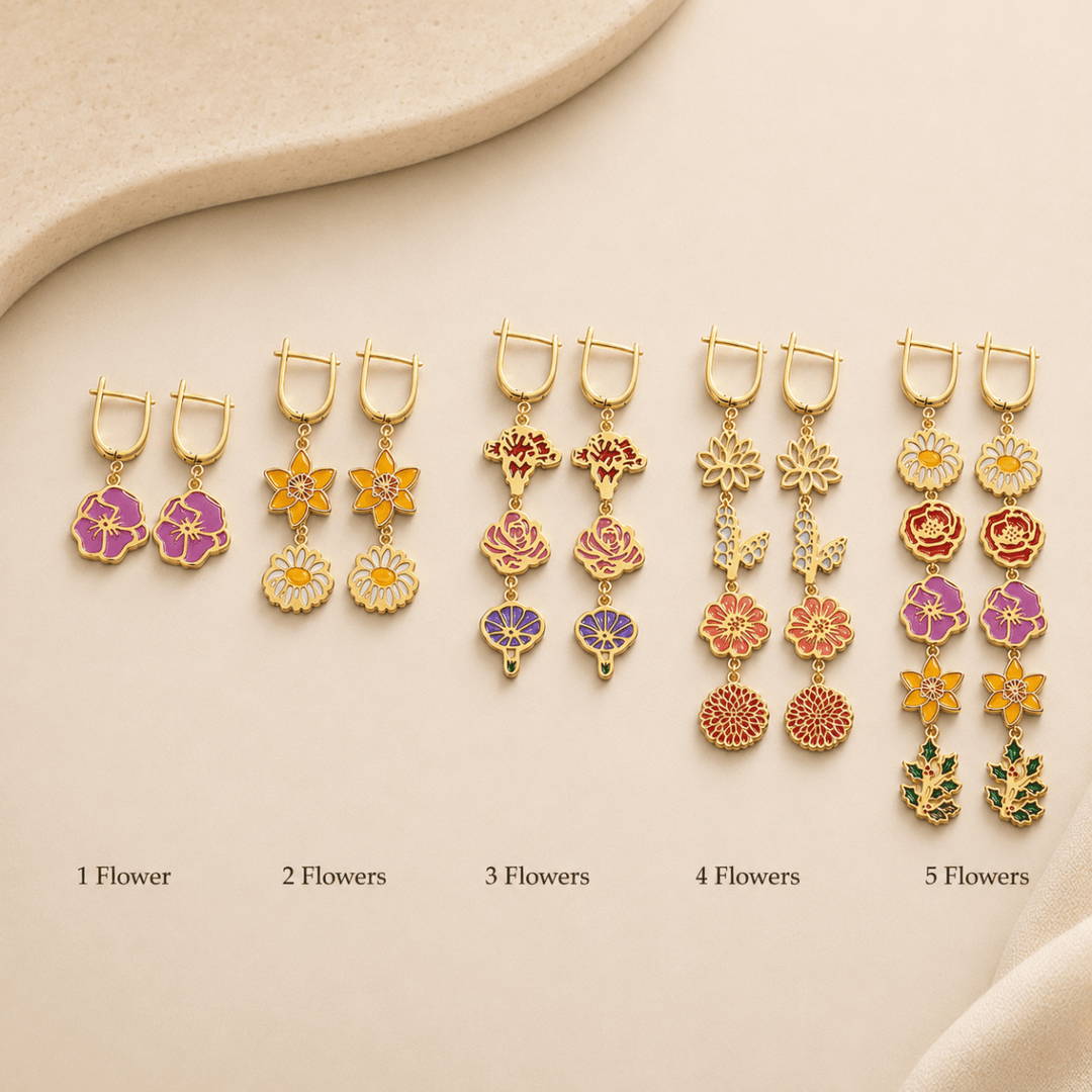 Personalized Birth Flower Dangle Earrings, Custom 1–5 Birth Month Flower Earrings, Meaningful Birthday Gift for Mom Grandma - Canvasgiftco