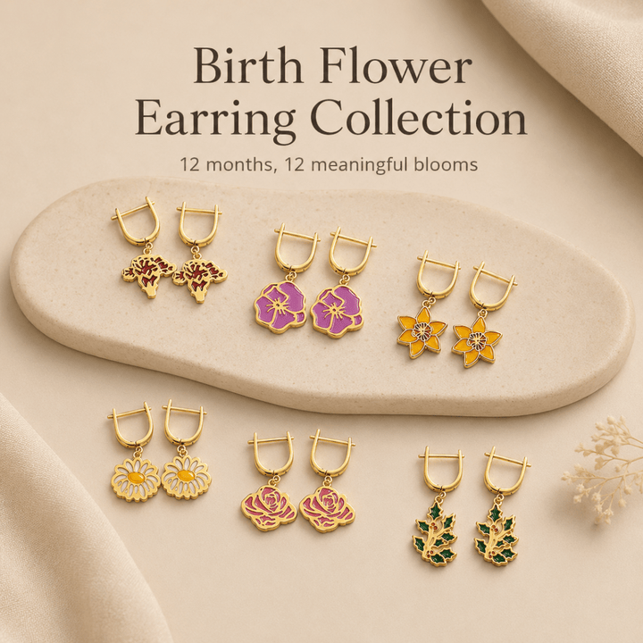 Personalized Birth Flower Dangle Earrings - Custom Birth Month Flower - Canvasgiftco