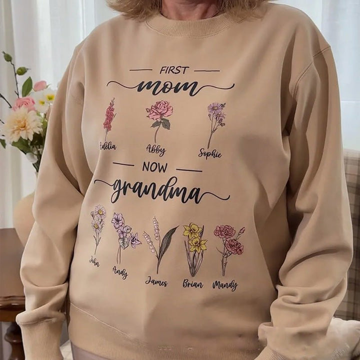 Personalized Birth Flower First Mom Now Grandma Sweatshirt - Canvasgiftco