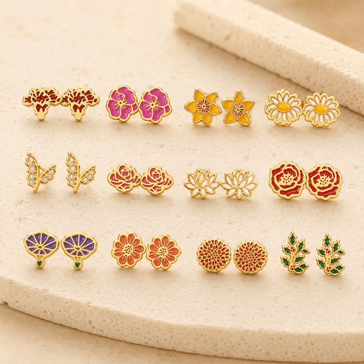 Personalized Birth Flower Stud Earrings for Her - Canvasgiftco