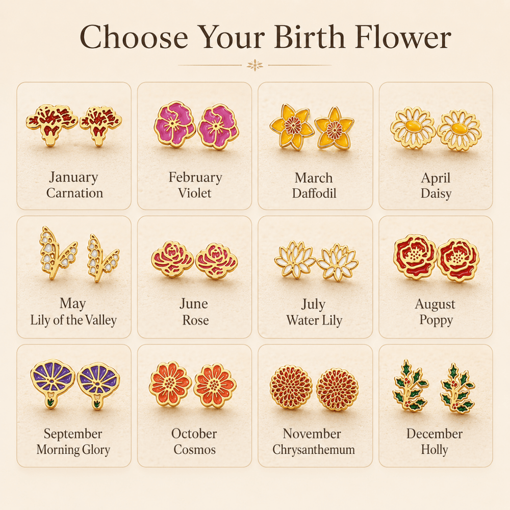 Personalized Birth Flower Stud Earrings for Her - Canvasgiftco