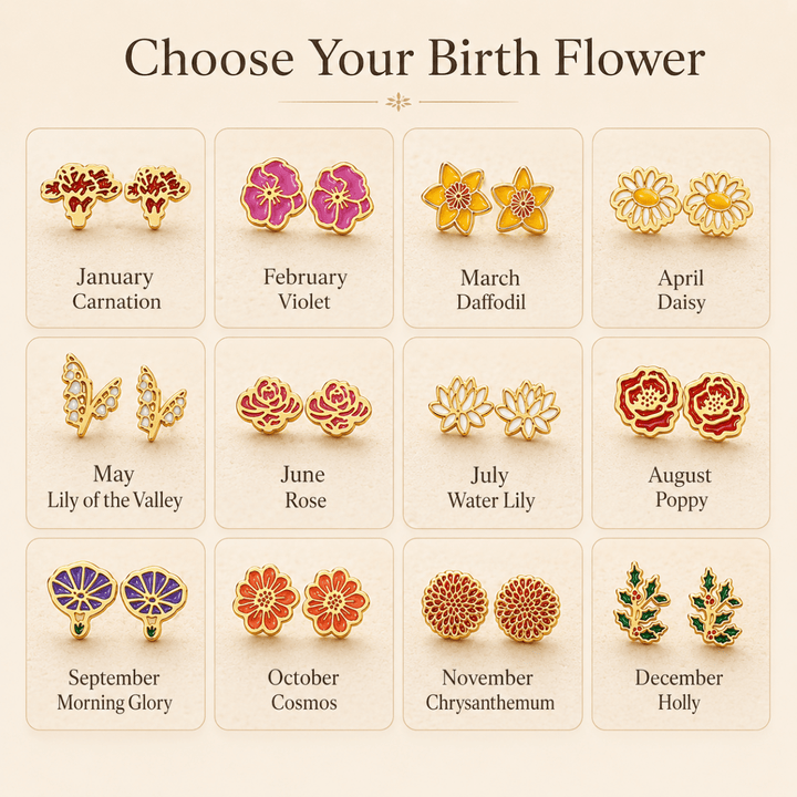 Personalized Birth Flower Stud Earrings for Her - Canvasgiftco