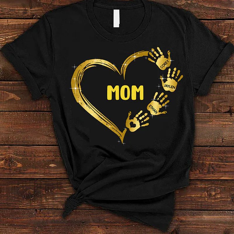 Personalized Colorful Heart Hand Print 100% Cotton T-Shirt Hoodie with Title and Kid Names - Canvasgiftco