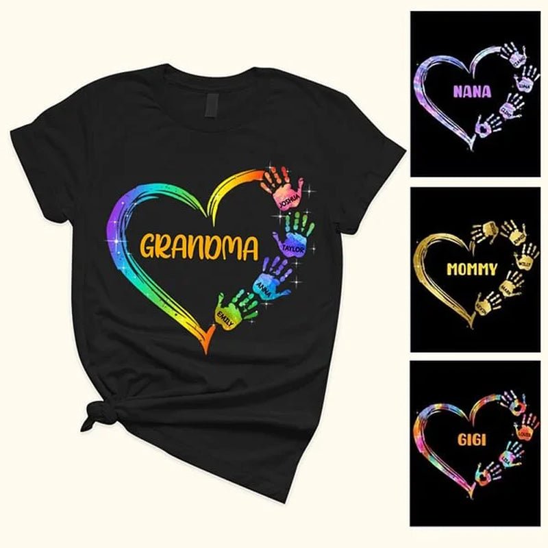 Personalized Colorful Heart Hand Print 100% Cotton T-Shirt Hoodie with Title and Kid Names - Canvasgiftco