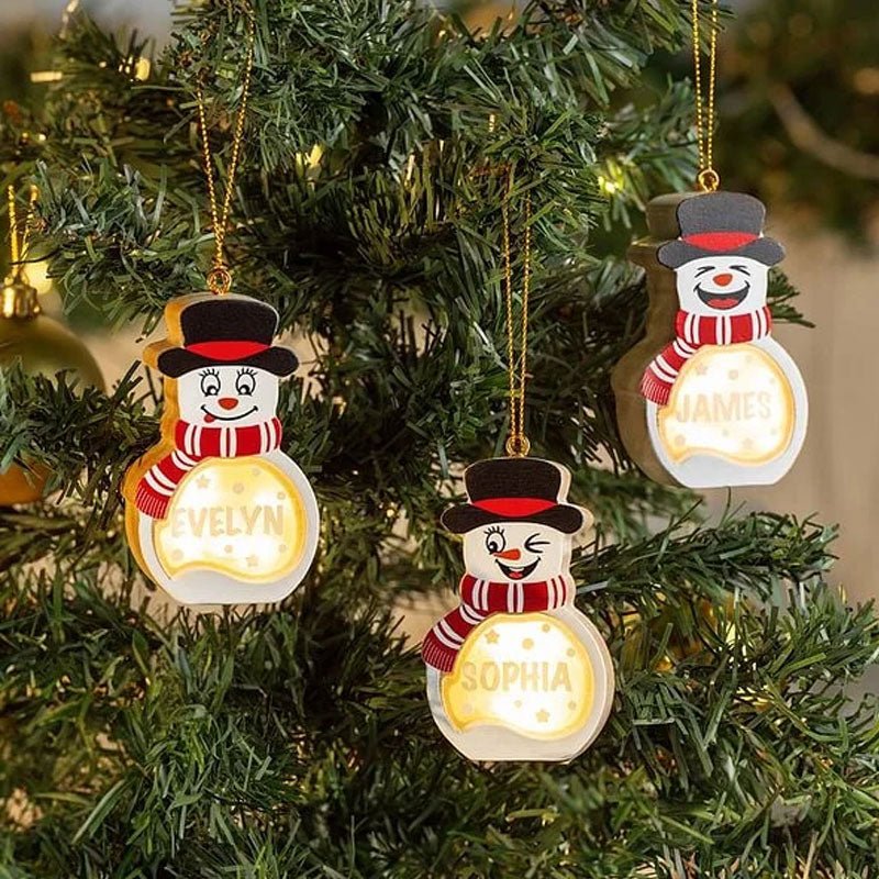 Personalized Cute Snowman LED Light Wooden Ornament - Canvasgiftco