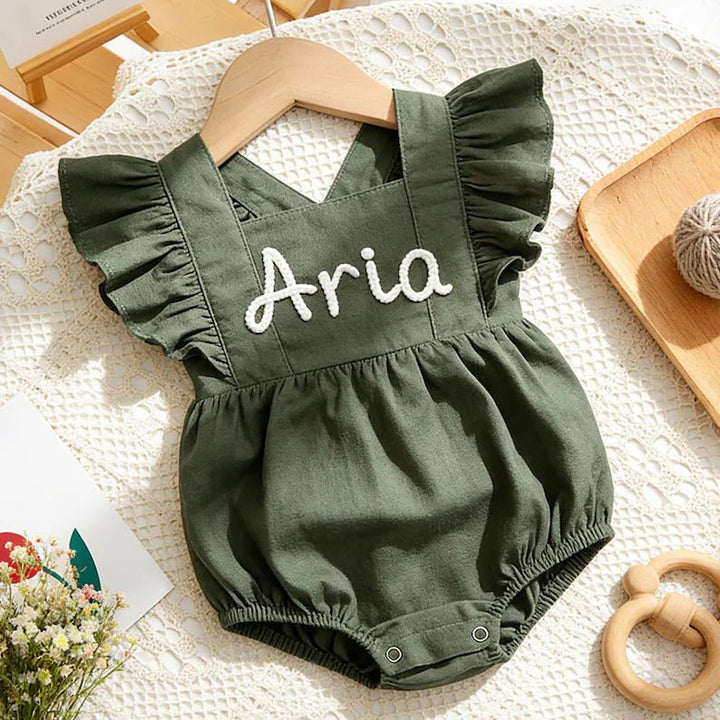 Personalized Embroidered Baby Romper – Custom Name Linen Outfit for Baby Girls - Canvasgiftco