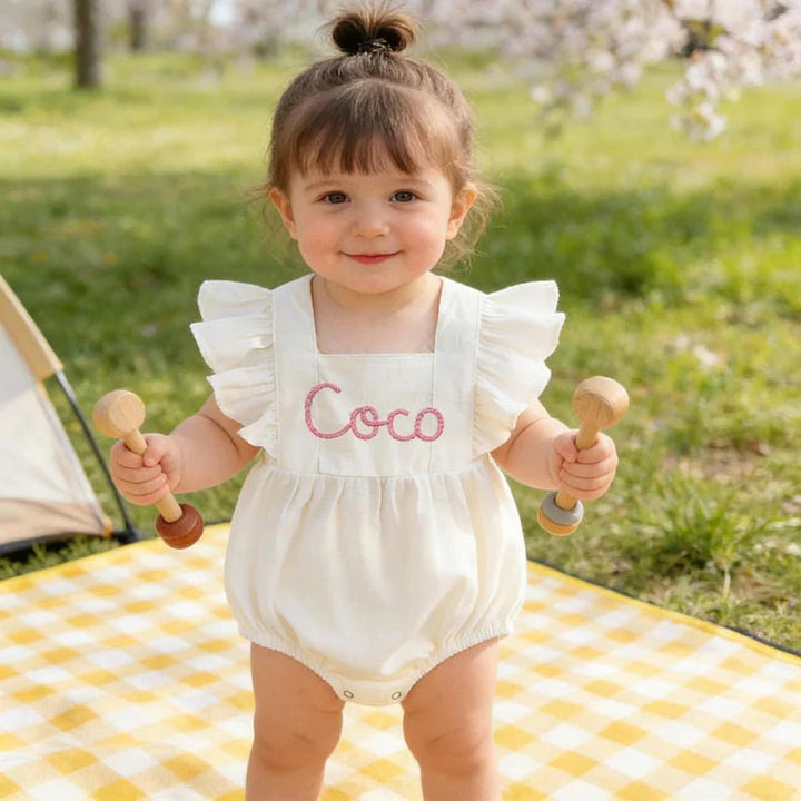 Personalized Embroidered Baby Romper – Custom Name Linen Outfit for Baby Girls - Canvasgiftco