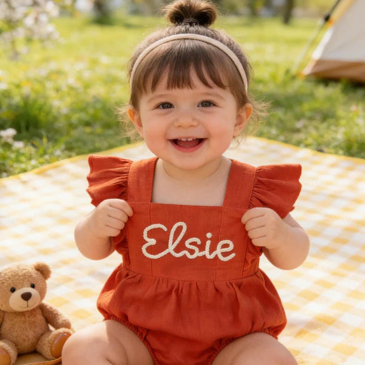 Personalized Embroidered Baby Romper – Custom Name Linen Outfit for Baby Girls - Canvasgiftco