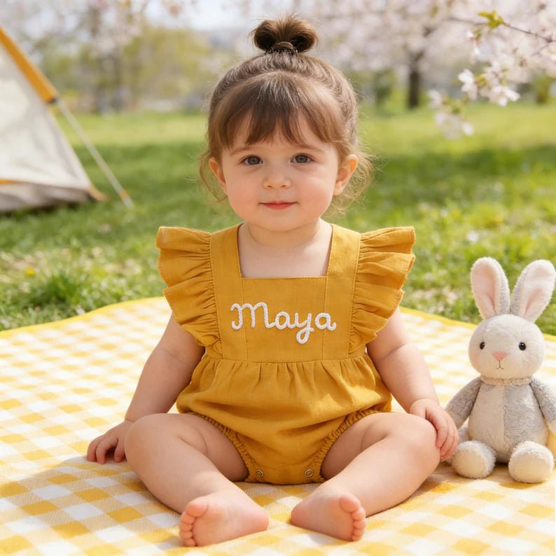 Personalized Embroidered Baby Romper – Custom Name Linen Outfit for Baby Girls - Canvasgiftco