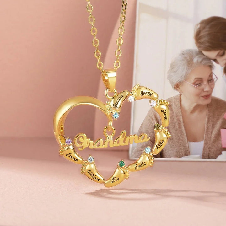 Personalized Engraved Baby Feet Heart Family Necklace with 1-8 Names and Birthstones Mother‘s Day Birthday for Mother Grandma - Canvasgiftco