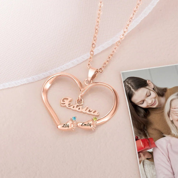 Personalized Engraved Baby Feet Heart Family Necklace with 1-8 Names and Birthstones Mother‘s Day Birthday for Mother Grandma - Canvasgiftco