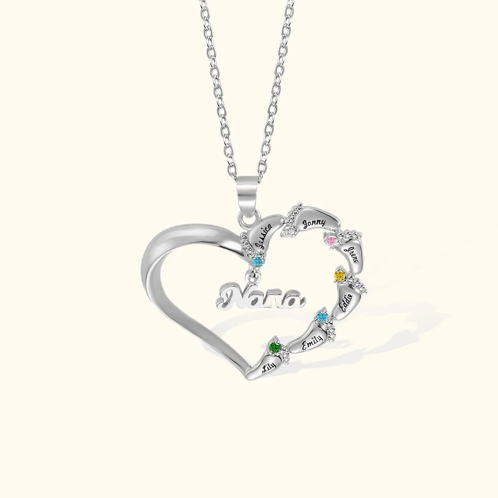 Personalized Engraved Baby Feet Heart Family Necklace with 1-8 Names and Birthstones Mother‘s Day Birthday for Mother Grandma - Canvasgiftco