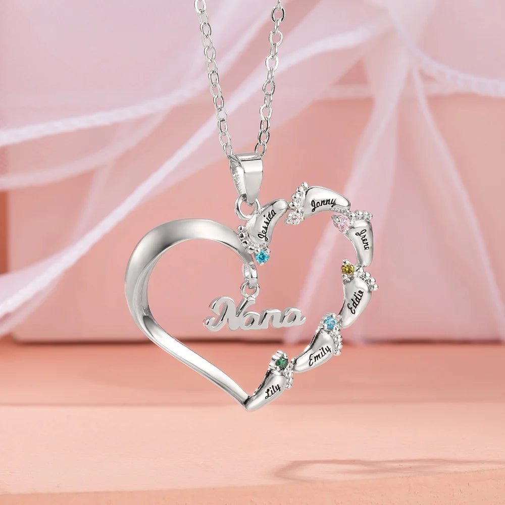Personalized Engraved Baby Feet Heart Family Necklace with 1-8 Names and Birthstones Mother‘s Day Birthday for Mother Grandma - Canvasgiftco