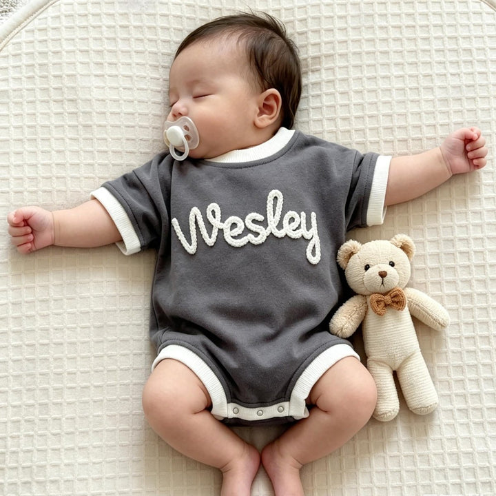 Personalized Hand-Embroidered Baby Romper – Baby-Safe Cotton Outfit - Canvasgiftco