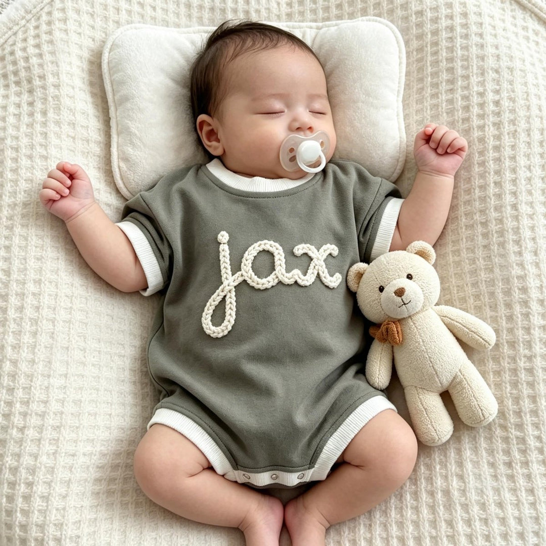 Personalized Hand-Embroidered Baby Romper – Baby-Safe Cotton Outfit - Canvasgiftco