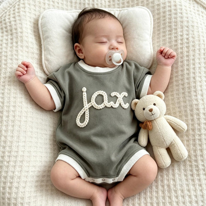 Personalized Hand-Embroidered Baby Romper – Baby-Safe Cotton Outfit - Canvasgiftco