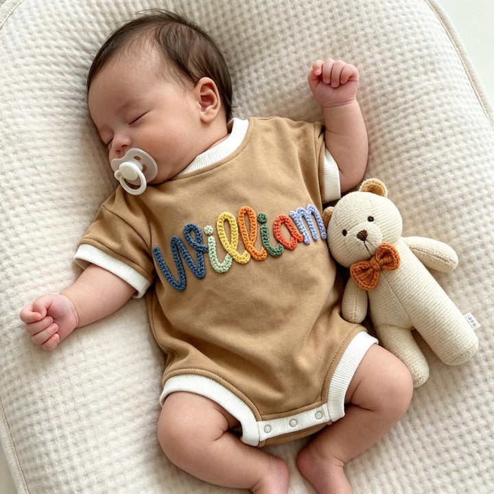 Personalized Hand-Embroidered Baby Romper – Baby-Safe Cotton Outfit - Canvasgiftco
