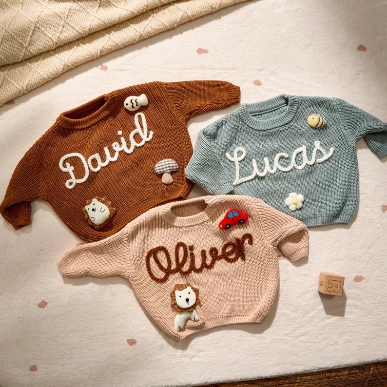 Personalized Hand - Knitted Baby Sweaters - A Hand - Embroidered Sweater Made for Baby’s First Memories - Canvasgiftco