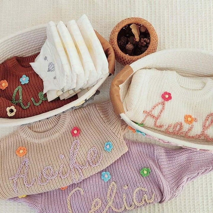 Personalized Hand - Knitted Baby Sweaters - A Hand - Embroidered Sweater Made for Baby’s First Memories - Canvasgiftco