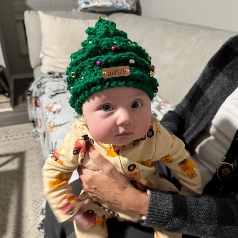 Personalized Leather Patch Christmas Tree Crochet Hat - Canvasgiftco