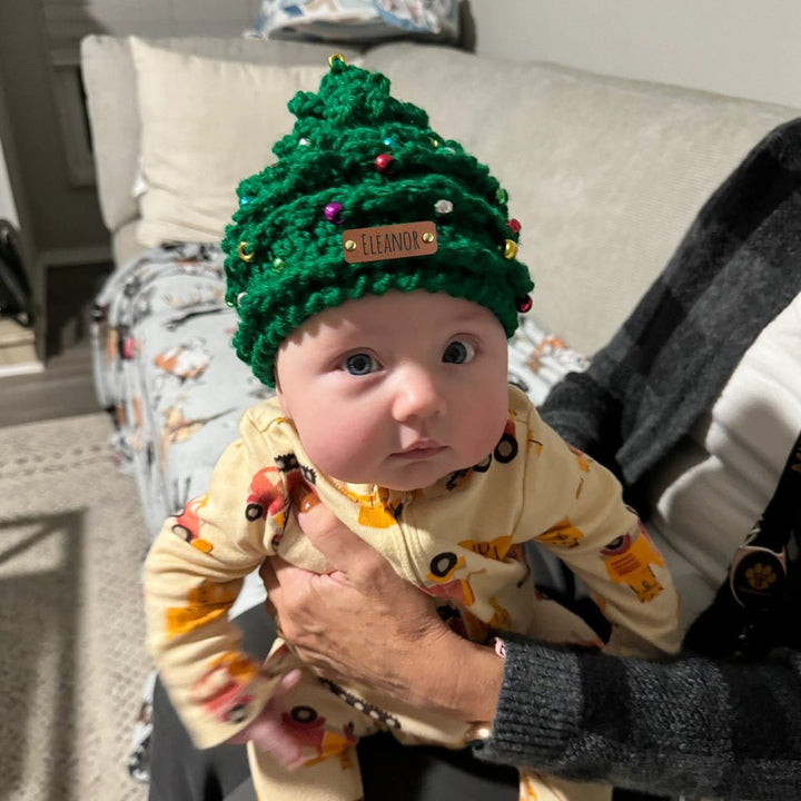 Personalized Leather Patch Christmas Tree Crochet Hat - Canvasgiftco