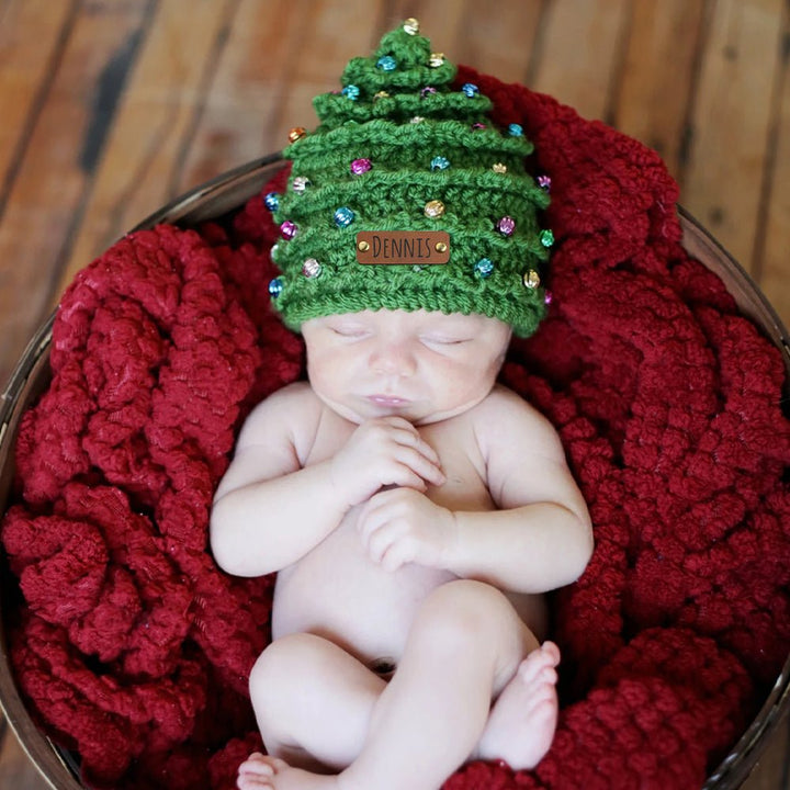 Personalized Leather Patch Christmas Tree Crochet Hat - Canvasgiftco