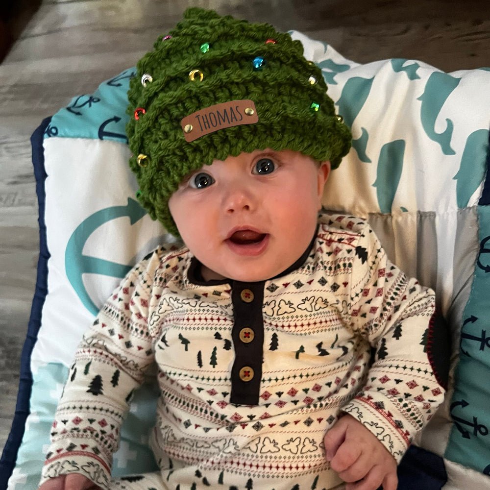 Personalized Leather Patch Christmas Tree Crochet Hat - Canvasgiftco