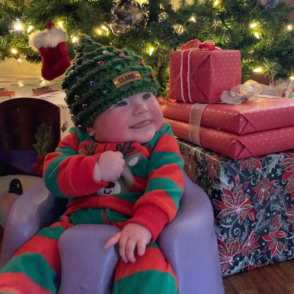 Personalized Leather Patch Christmas Tree Crochet Hat - Canvasgiftco