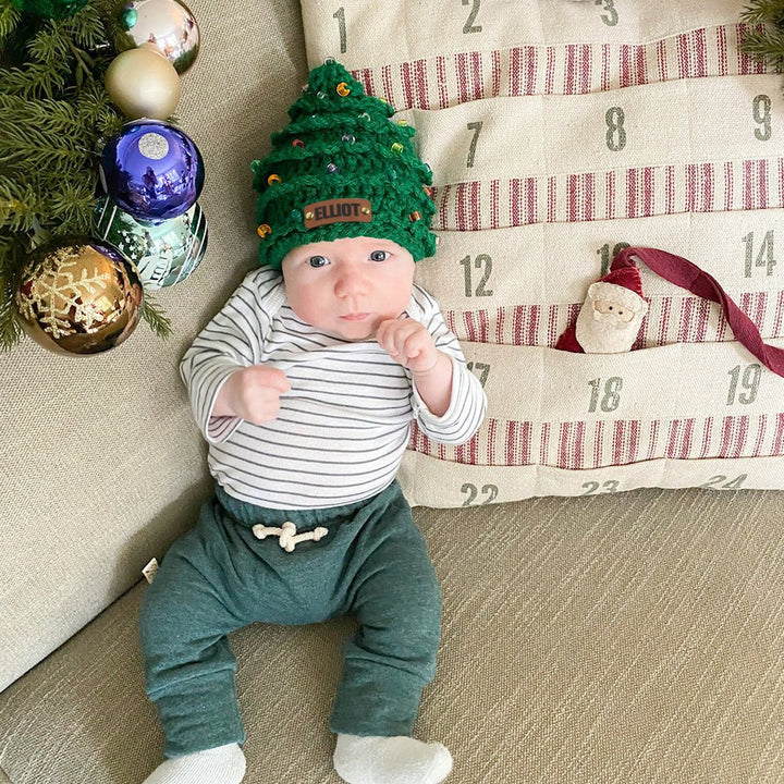 Personalized Leather Patch Christmas Tree Crochet Hat - Canvasgiftco