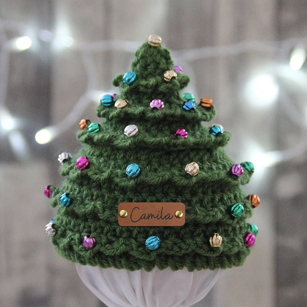 Personalized Leather Patch Christmas Tree Crochet Hat - Canvasgiftco