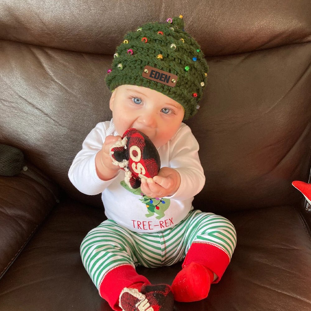 Personalized Leather Patch Christmas Tree Crochet Hat - Canvasgiftco