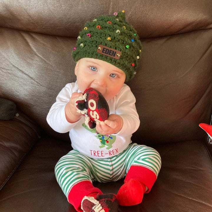 Personalized Leather Patch Christmas Tree Crochet Hat - Canvasgiftco