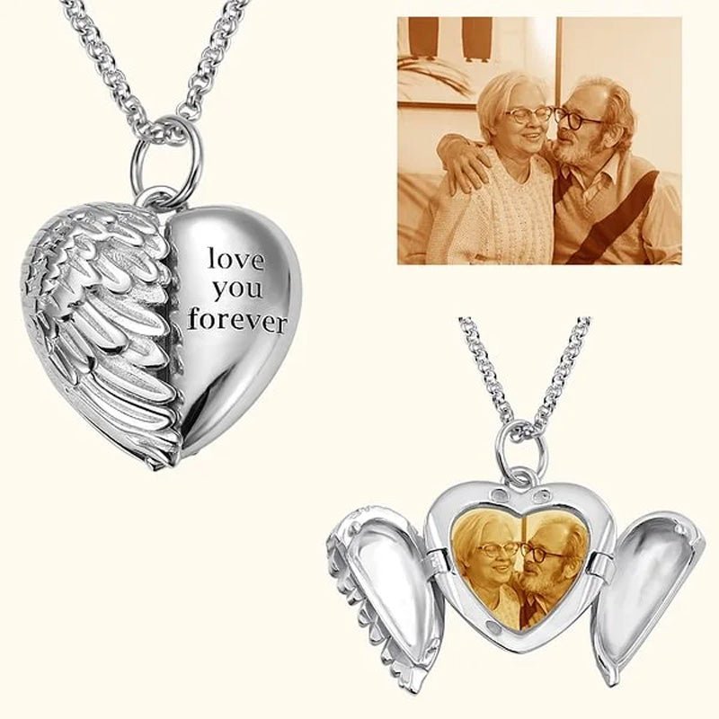 Personalized Picture Locket Angel Wings Heart Necklace - Canvasgiftco