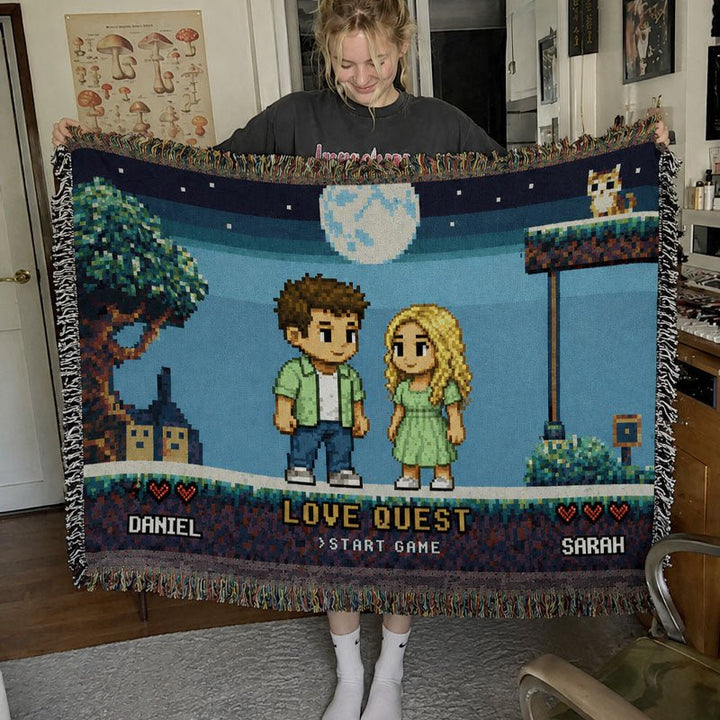 Personalized Pixel Love Quest Blanket – Turn Your Photo Into A Retro Game Adventure - Canvasgiftco