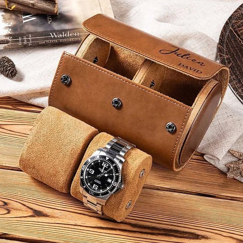 Personalized Portable Monogram Leather Watch Roll Travel Case with 1 - 3 Slots Wedding Father's Day Gift for Men Groomsmen - Canvasgiftco