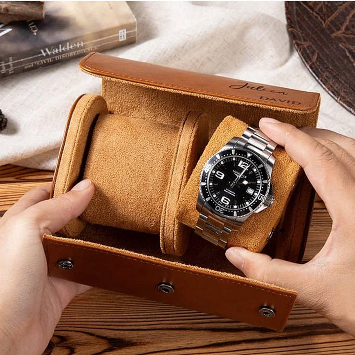 Personalized Portable Monogram Leather Watch Roll Travel Case with 1 - 3 Slots Wedding Father's Day Gift for Men Groomsmen - Canvasgiftco