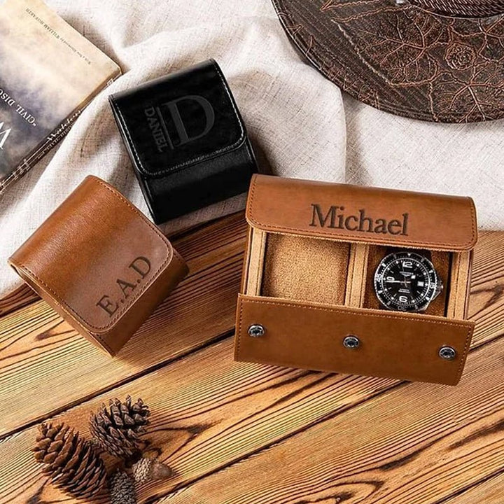 Personalized Portable Monogram Leather Watch Roll Travel Case with 1 - 3 Slots Wedding Father's Day Gift for Men Groomsmen - Canvasgiftco