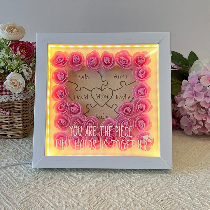 Personalized Puzzle Piece Mom Heart Shaped Flower Shadow LED Box - Canvasgiftco