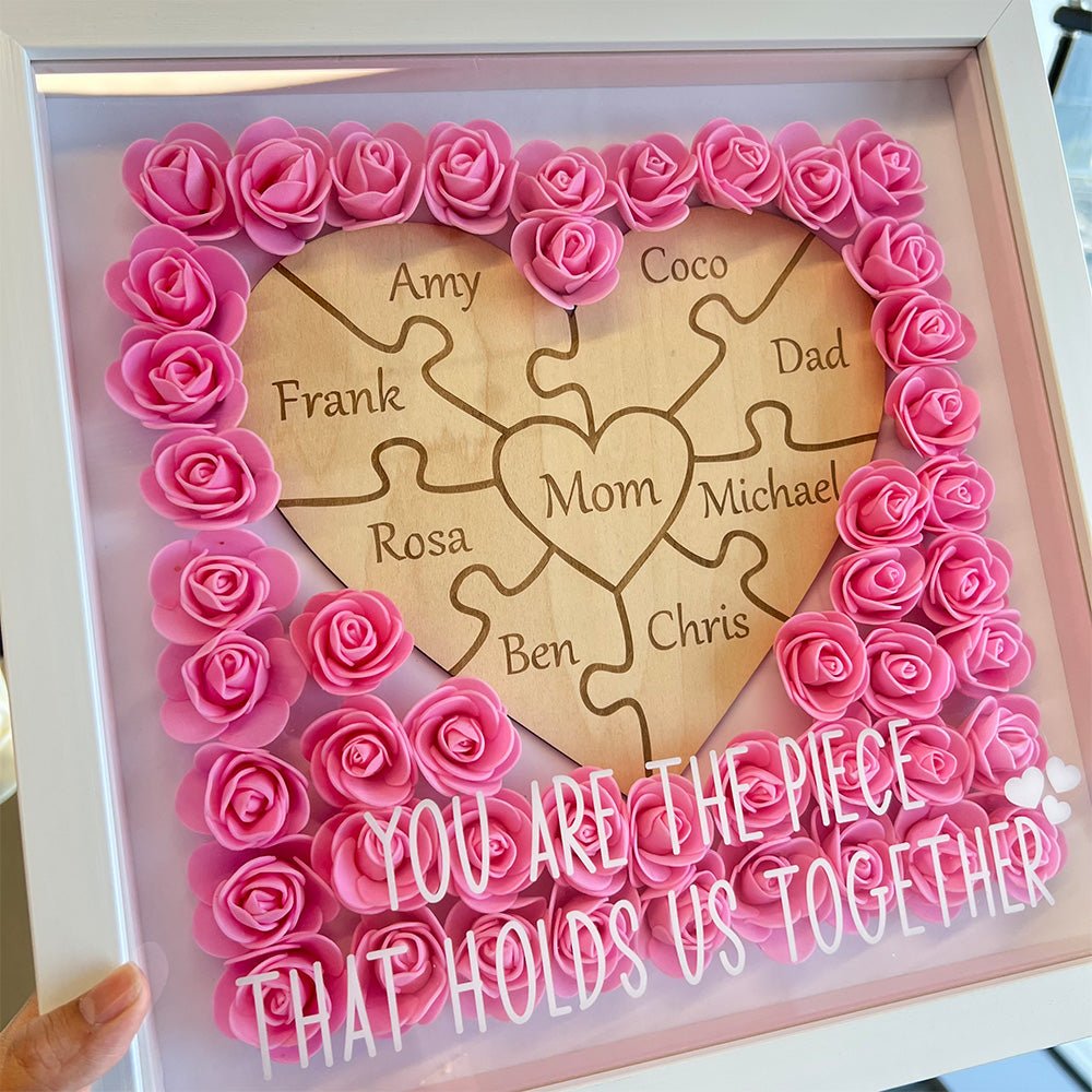 Personalized Puzzle Piece Mom Heart Shaped Flower Shadow LED Box - Canvasgiftco