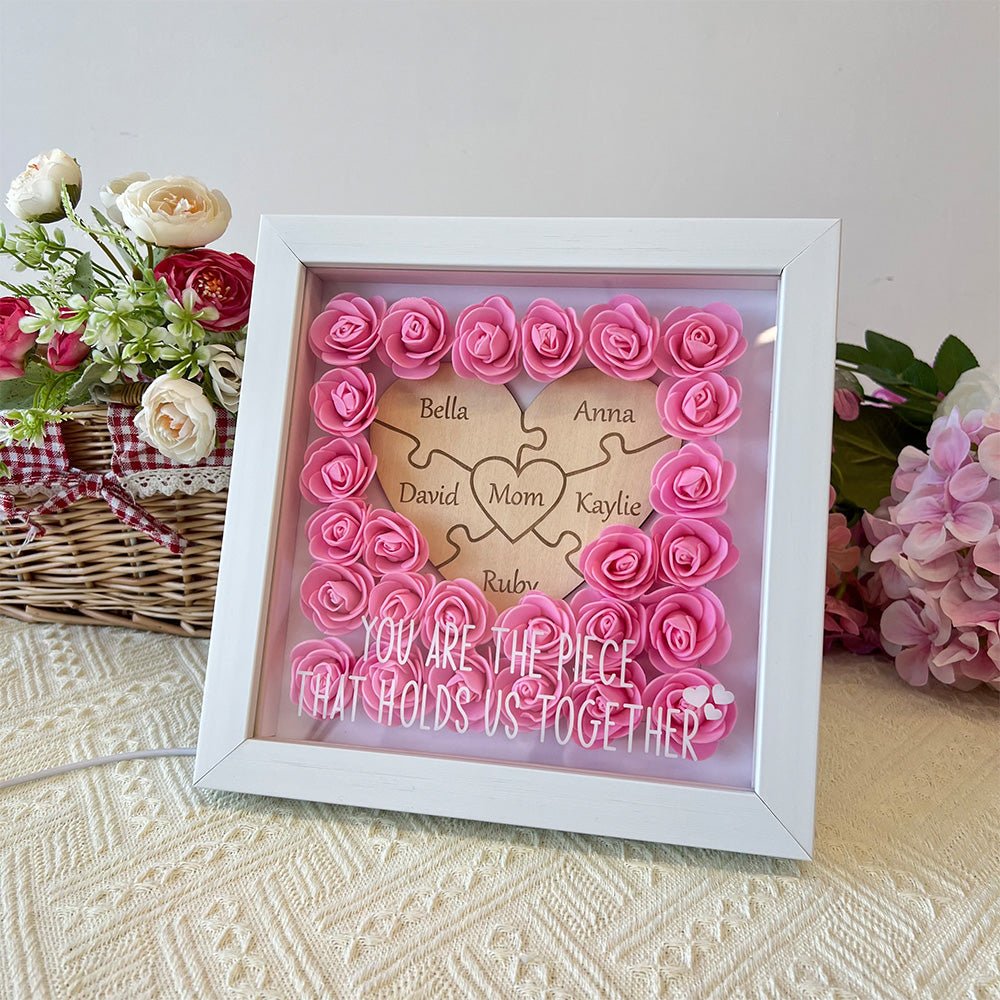 Personalized Puzzle Piece Mom Heart Shaped Flower Shadow LED Box - Canvasgiftco